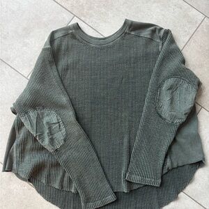 Free People Green Waffle Knit Sweater with Elbow Patches
